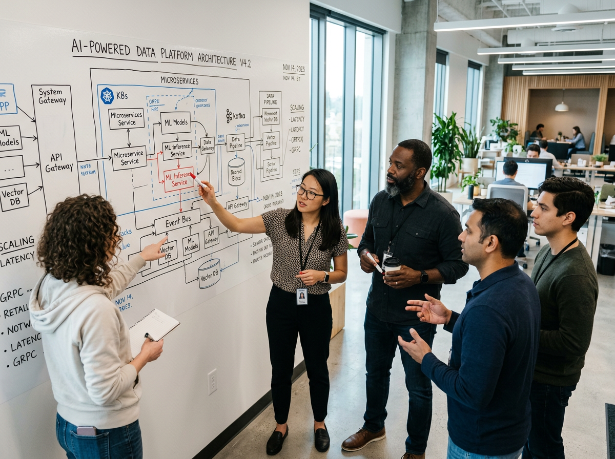 Engineers and product leads collaborating at a whiteboard on system architecture